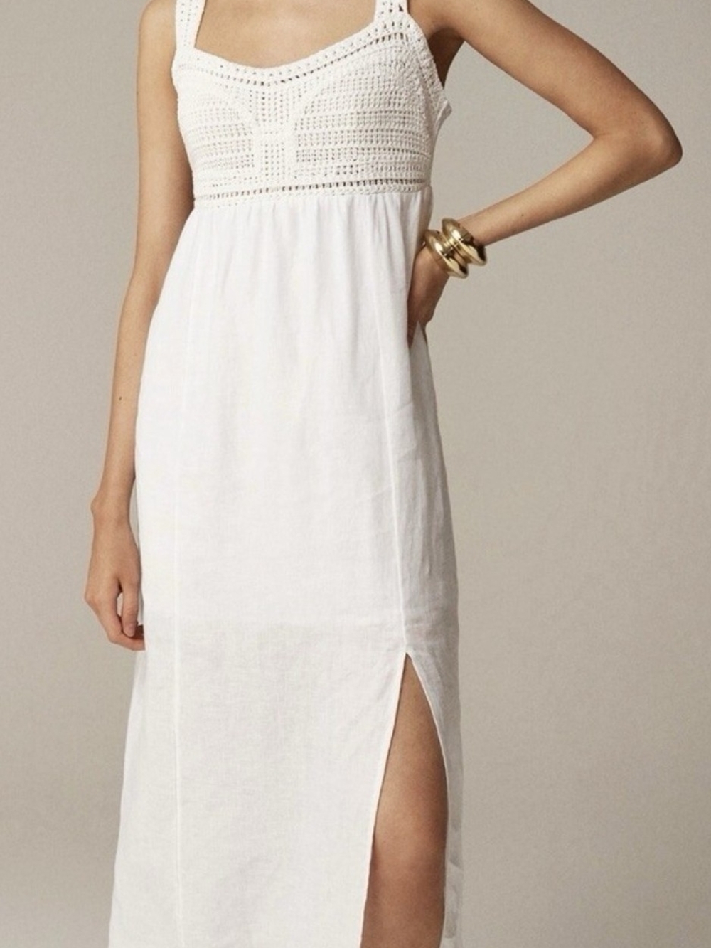 J. Crew White Crochet-Bodice Maxi Dress with Side Slit NWT
